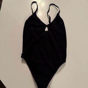 Key hole peek-a-boo ribbed Black Strappy Bodysuit